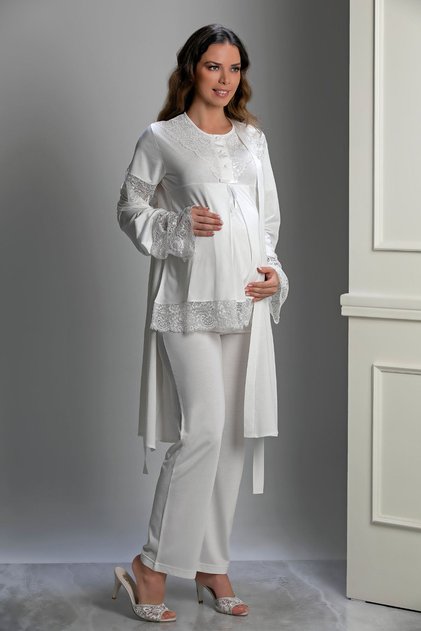 Ecru Special Design Maternity and Pregnancy Pajama Set 3-Piece Set
