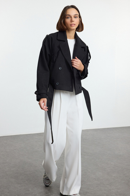 Black Soft-Textured Transitional Short Oversized Melton Coat Jacket TWOAW25KB00049