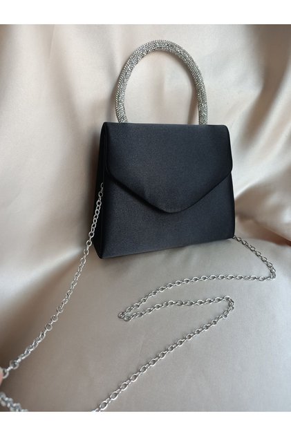 Women's Black Satin Stone Handle Evening Dress Wedding Engagement Special Evening Bag