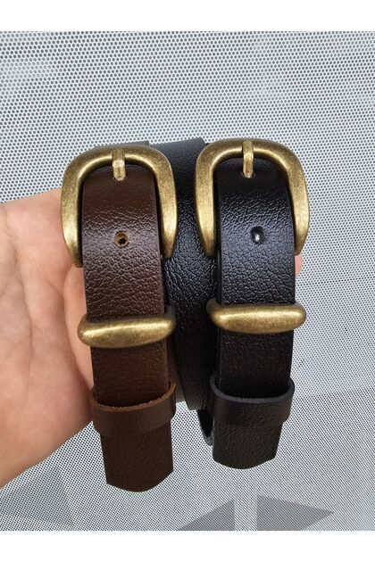 %100 Hakiki Deri Antik Kaplama Tokalı Siyah-Acı Kahverengi 2'li Kemer Set