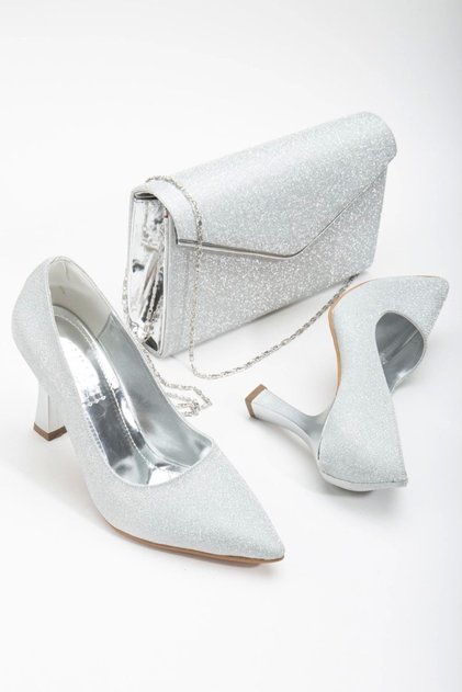 Special Edition Thick Heeled Stiletto and Bag Set in Silver