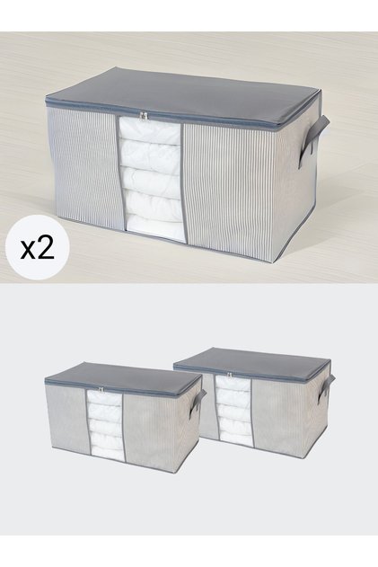 2 Pieces Large Size Windowed Anthracite Line Patterned Pillow Quilt Organizer Storage Set 75X40X40 cm