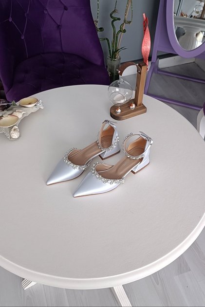 Silver Satin Ankle Strap 2.5 cm Heeled Classic Ballerina Women's Shoes with Double Waterway Stones