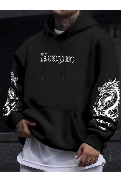 Dragon Desenli Kapşonlu Hoodie