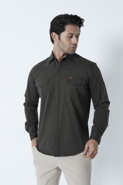 Men's Cotton Regular Fit Khaki Autumn/Winter Double Pocket Flap Shirt