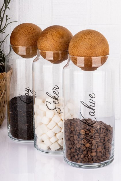 3'lü Top Kapaklı Çay & Şeker & Kahve & Tuz Kavanozu 1300Ml Saklama Kabı (Suya Dayanıklı Etiket)