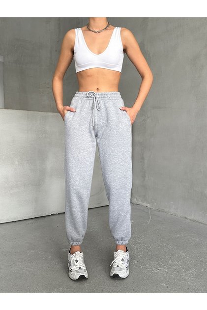 Women's Gray Basic Sweatpants with Elastic Cuffs