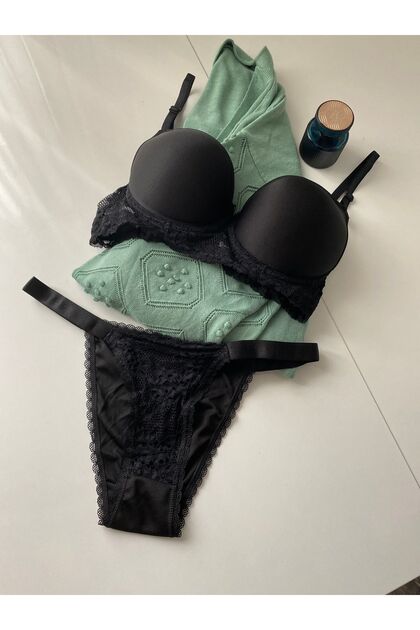 Women's Black Half-Filled Balened Supported Combinator Bralet Bottom Top Laundry Set