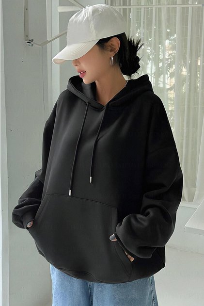 Kadın Siyah Düz Kapüşonlu Oversize Bol Kesim Hoodie Sweatshirt