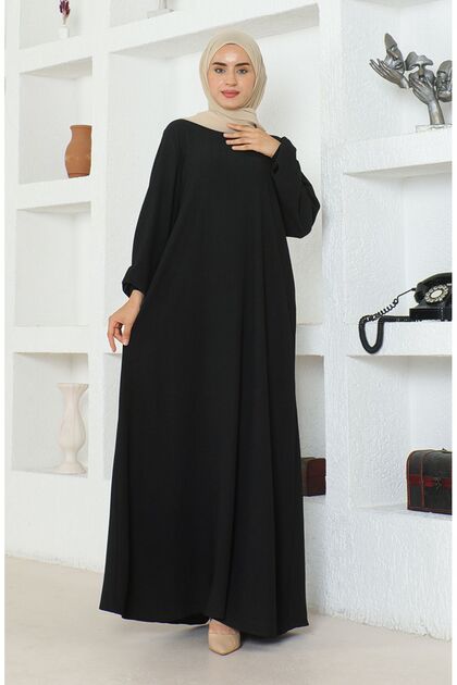 Elastisches Mevlana-Kleid mit gebogenen Stoffärmeln 1025-01 Schwarz