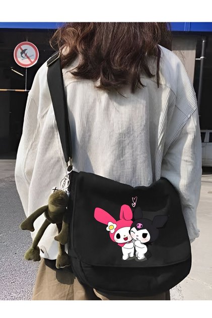Kuromi ve Melody Tote bag, Bez Çanta, Siyah Kanvas Postacı Çantası, Okul Çantası