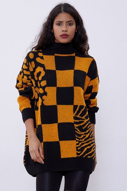 Orange Patterned Oversize Knitwear Sweater