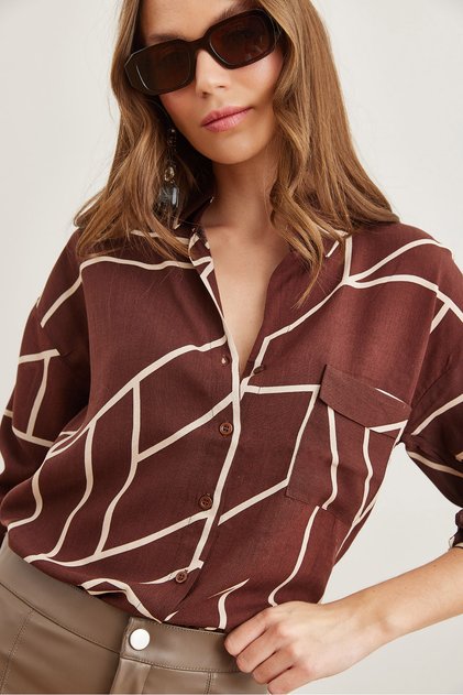 Women's Asymmetrical Coffee Single Pocket Woven Viscon Shirt Gml- 19000890
