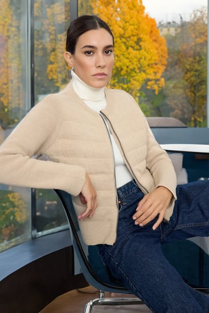 Beige Crew Neck Zippered Coat Look Knitwear Cardigan Twoaw25Hi00193