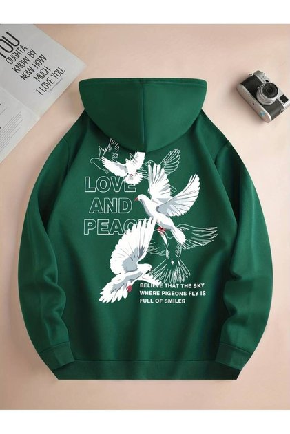 Unisex Love and Peace Printed Oversize Winter 3 Thread 100% Cotton Hooded Sweatshirt Hoodie