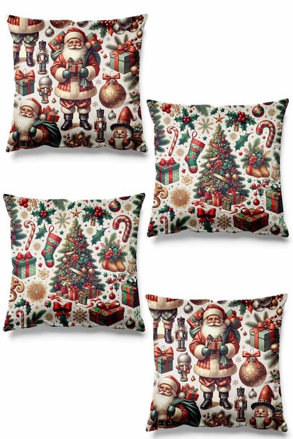 Double-Sided Printed Santa Christmas Patterned Set of 4 Suede Throw Pillow Covers - New Year - Christmas