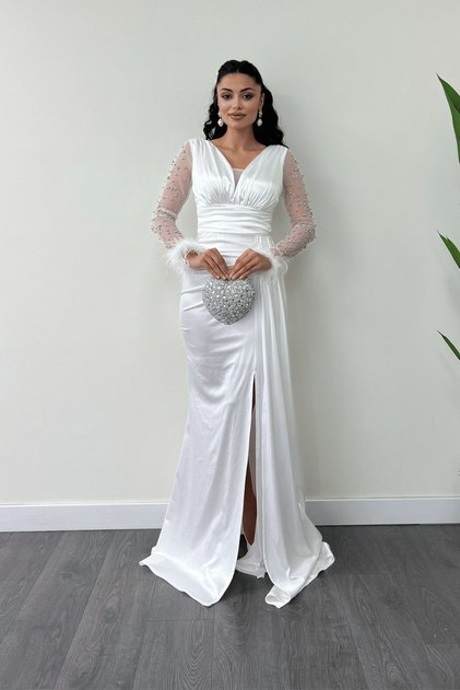 Rochie de pește cu mâneci din țesătură din satin cu mărgele Otrishi - ALB