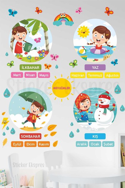 Mevsimler Anaokulu Kreş Okul Çocuk Odası Mevsim Duvar Kapı Cam Sticker Seti