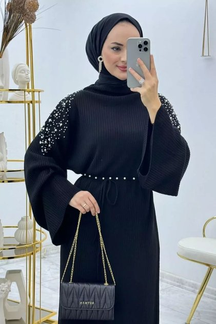 Tesettür Omuzu İncili Uzun Triko Elbise Yarasa Kol 135 cm Standart Beden (36-44) Siyah