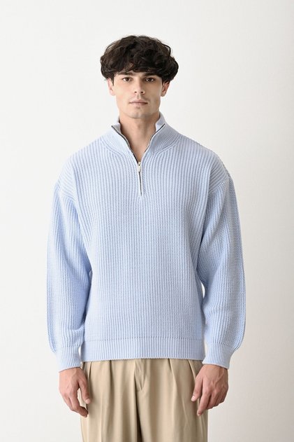 Zippered Baby Blue Stand Collar Basic Oversize Sweater