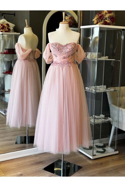 Lenta Moda Powder Draped and Flower Pattern Lace Detailed Midi Length Evening  Dress and Evening Dress- Trendyol
