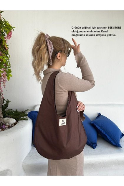 Bitter Brown Baguette Bag with Velcro, Lined, Fabric Tote Bag, Women's Hand and Shoulder Bag