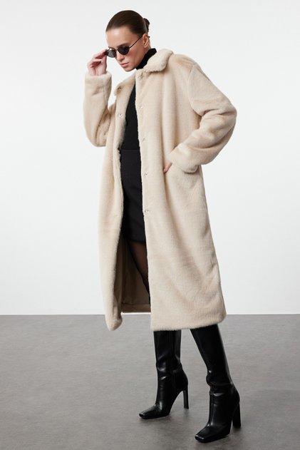 Ecru Oversize Fit Long Fur Coat Twoaw25Kb00052