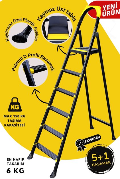 Leo Siyah Merdiven 5+1 Metal Basamaklı