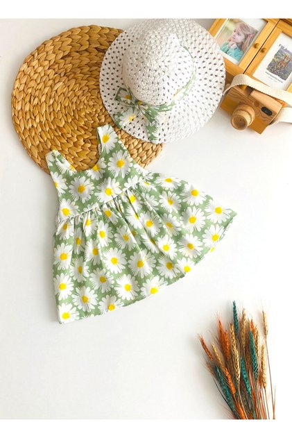 Cheerful Babies Floral Printed Dress with Bow Detail on the Back and Hat Green