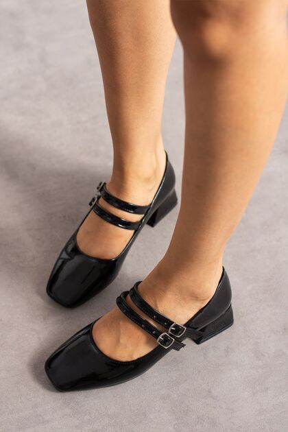Mary Jane Women's Patent Leather Closed Back Double Band Square Toe Short Block Heeled Shoes