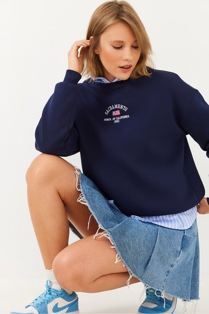 Marineblaues Damen-Sweatshirt mit drei Fäden, Rundhalsausschnitt und Schriftzug 60251817