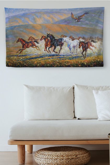 Wall Cloth Caucasian Mountains and Horses Oil Painting Look Canvas Wall Carpet-4022