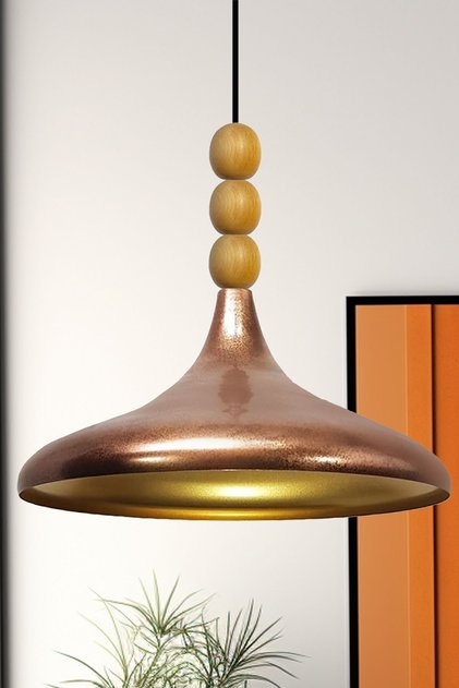 Bakır Patina Champion Ahşap Boncuklu Tekli Avize Sarkıt Salon Mutfak Butik Lamba