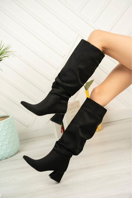 Syt-2002 black suede thick heeled daily boots