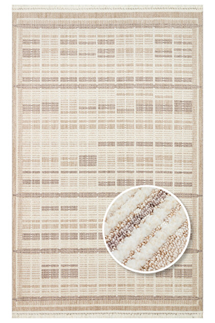 EKOHALI JOY 04 Beige Grey Hav Toz Vermeyen Yumuşak Dokulu Etnik Desenlere Sahip Modern Halı