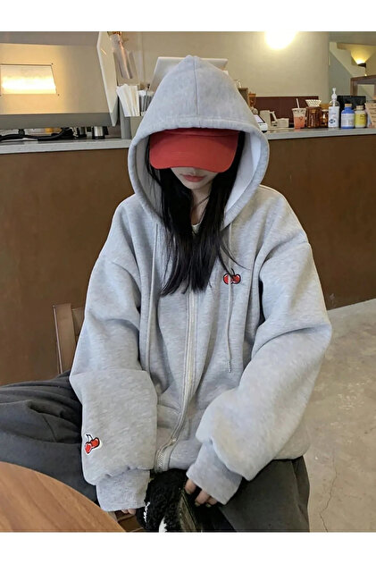Printed Hooded Zippered Oversize Seasonal Sweatshirt