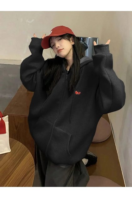 Printed Hooded Zippered Oversize Seasonal Sweatshirt
