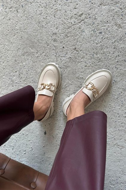 Sımmı Women's Inside-Out Genuine Leather Loafer Shoes Beige