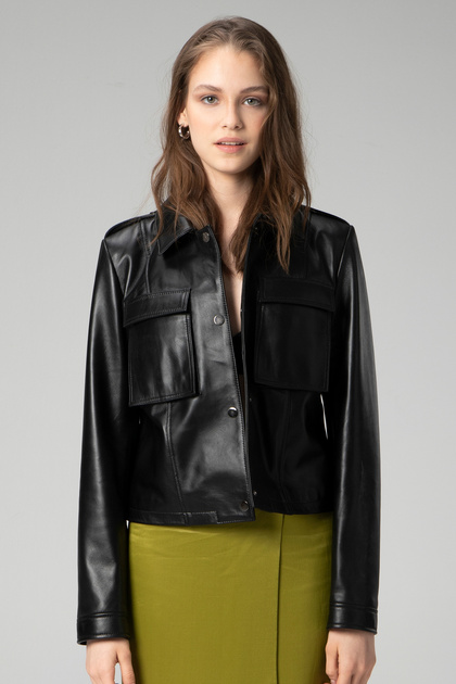 Violet Women's Crop Fit Shirt Collar Real Leather Coat with Pocket Bags Black
