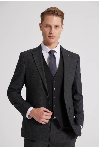 بدلة Ds Damat Slim Fit أنثراسيت دارليو أحادية اللون ذات فتحة واحدة مع بطانة وتركيبة متطابقة