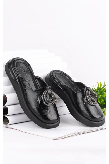 Paris Black Crinkled Patent Leather Slippers with Stone Detail