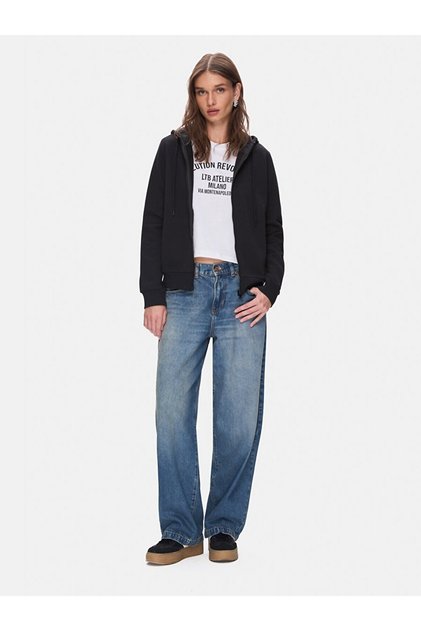 Düz Kapüşonlu Fermuarlı Regular Fit Siyah Sweatshırt