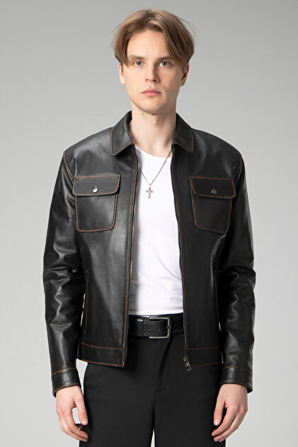 Wm218 Real Leather Men's Coat Black/Tan