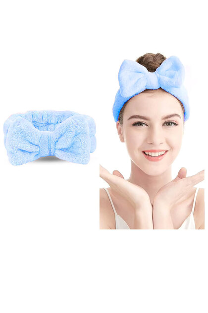Bowknot Plush Bandana Makeup Spa Hair Band Ice Blue