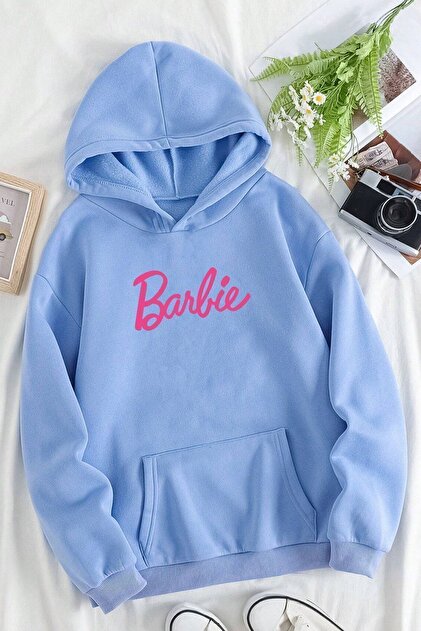 SeusCraft Barbie Sweatshirt - Bebe Mavi Baskılı Oversize Şardonlu