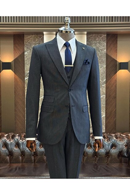 Italian Style Striped Jacket Vest Pants Suit Navy Blue T10729