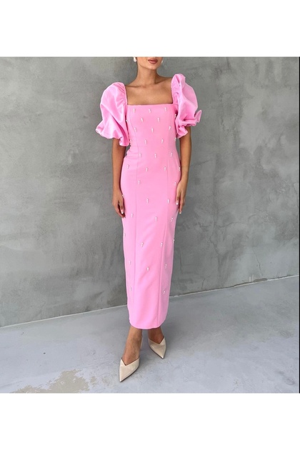 Pink Pearl Embroidered Balloon Sleeve Long Evening Dress