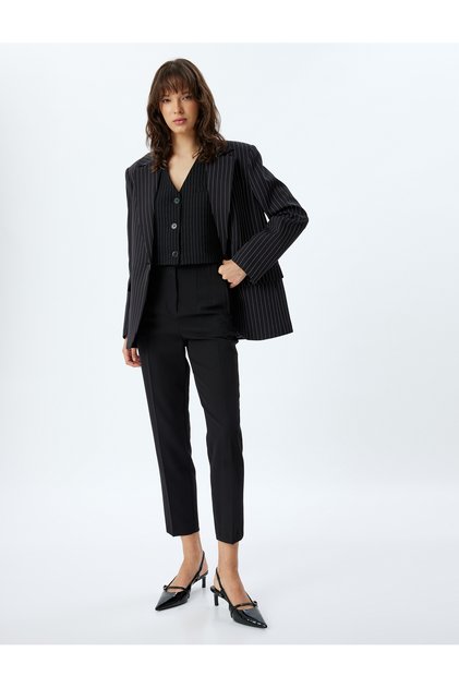High Waist Fabric Trousers with Cigarette Shape Pockets and Pinch Detail