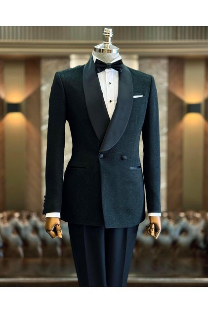 Costum de mire în stil italian, slim fit, cu guler șal, sacou cu două rânduri de nasturi, pantaloni, negru T12024