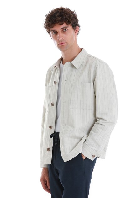 Bej Slim Fit Çizgili Mono Yaka Klasik Keten Ceket